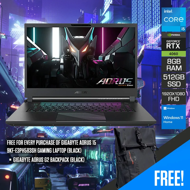 Gigabyte Aorus 15 9KF-E3PH583SH Gaming Laptop (Black) | 15.6" FHD 1920 x 1080 360Hz | i5 12500H | RTX 4060 | 8GB DDR5 | 512GB SSD | Windows 11 Home | Gigabyte Aorus G2 Backpack (Black)
