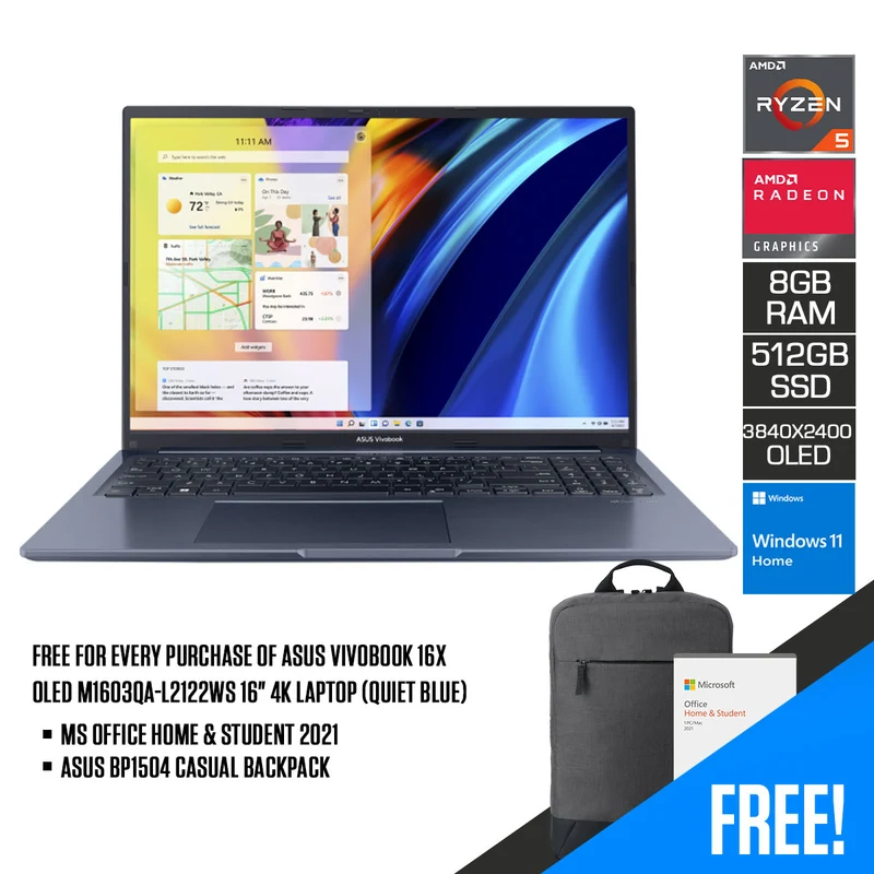 Asus Vivobook 16X OLED M1603QA-L2122WS Laptop (Quiet Blue) | 4K (3840 x 2400) OLED | Ryzen 5 5600H | 8 GB RAM | 512 GB SSD | AMD Radeon Graphics | Windows 11 Home | MS Office Home & Student 2021 | Asus BP1504 Casual Backpack