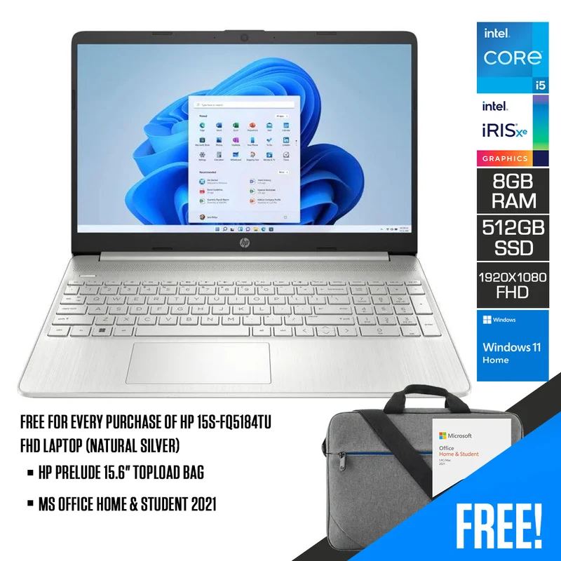 HP 15S-FQ5184TU Laptop (Natural Silver) | 15.6" FHD (1920 x 1080) | i5-1235U | 8GB RAM | 512GB SSD | Intel Iris Xe Graphics | Windows 11 | MS Office Home & Student 2021 | HP Prelude 15.6” Topload Bag