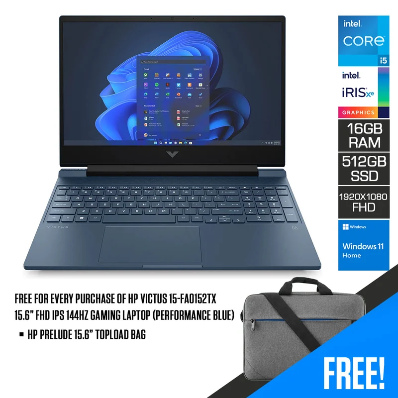 HP Victus 15-FA0152TX Gaming Laptop (Performance Blue) | 15.6” FHD IPS 144HZ (1920 x 1080) | i5-12450H | 16GB RAM | 512GB SSD | RTX 3050 | Windows 11 Home | HP Prelude 15.6” Topload Bag