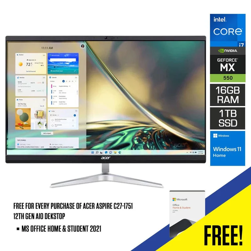 Acer Aspire C27-1751 12TH Gen AIO Desktop | 27” FHD | Core i7-1260P | 16GB RAM | 1TB SSD | Nvidia Geforce MX550 2GB | Windows 11 Home | MS Office Home & Student 2021