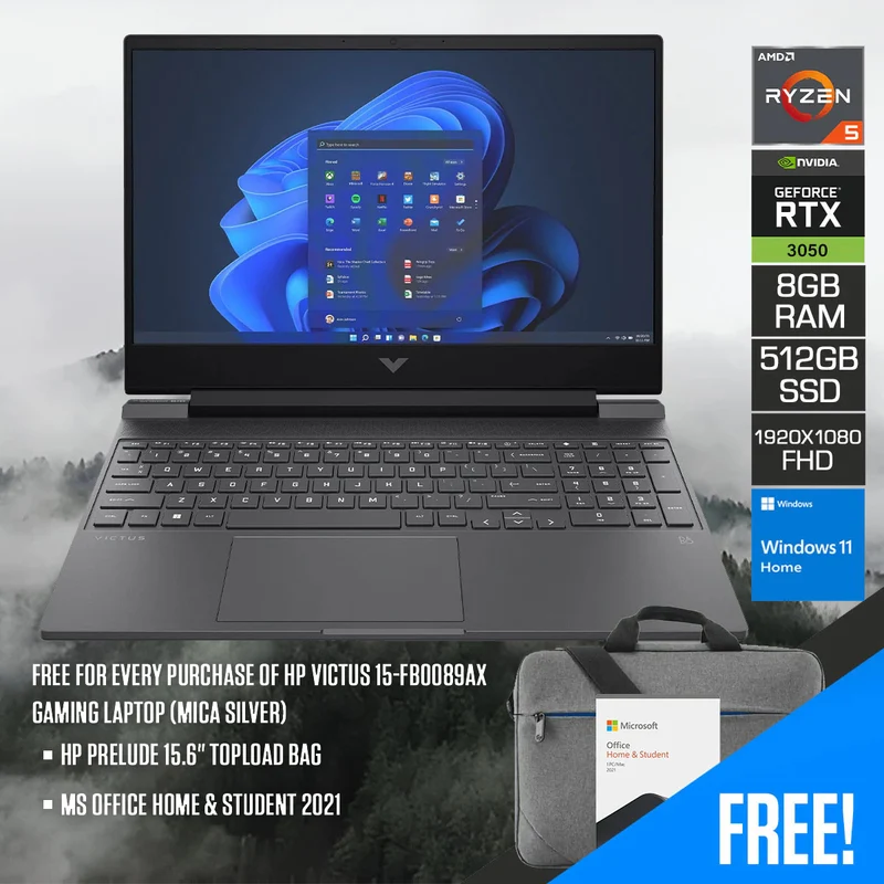 HP Victus 15-FB0089AX Gaming Laptop (Mica Silver) | 15.6" FHD (1920 x 1080) | Ryzen 5 5600H | 8GB RAM | 512GB SSD | RTX 3050 | Windows 11 | MS Office Home & Student 2021 | HP Prelude 15.6" Topload Bag