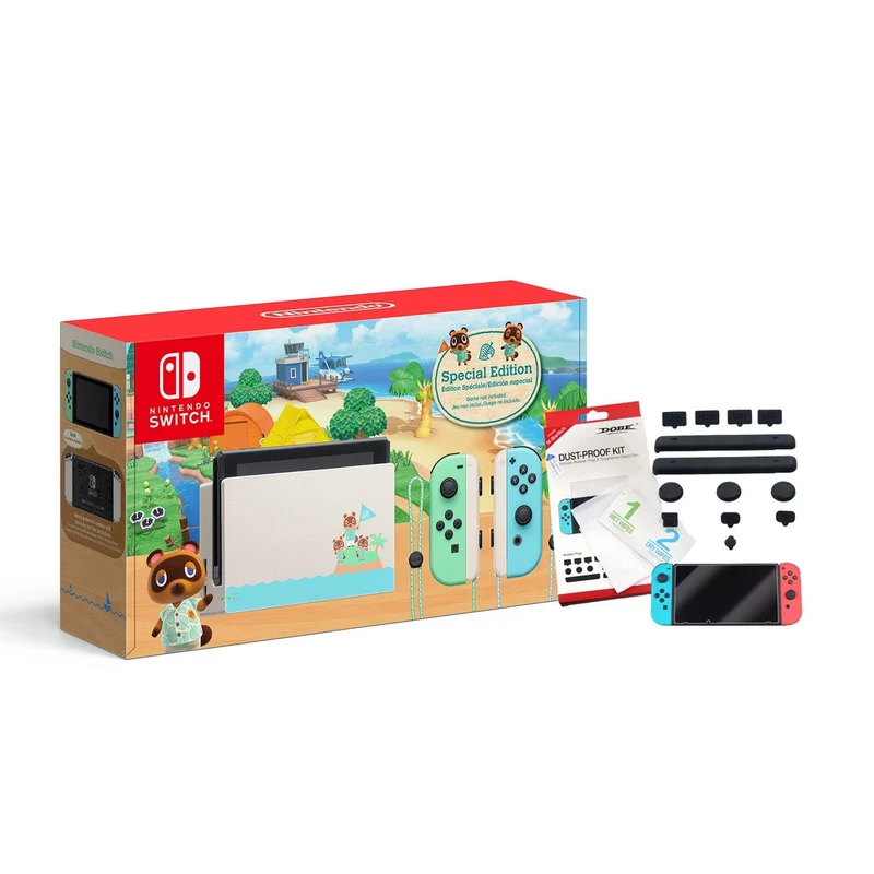 Nintendo Switch Console Animal Crossing New Horizons SE + NSW Dobe Dust-Proof Kit Include Rubber Plug & Toughened Glass Film (TNS-862) Bundle