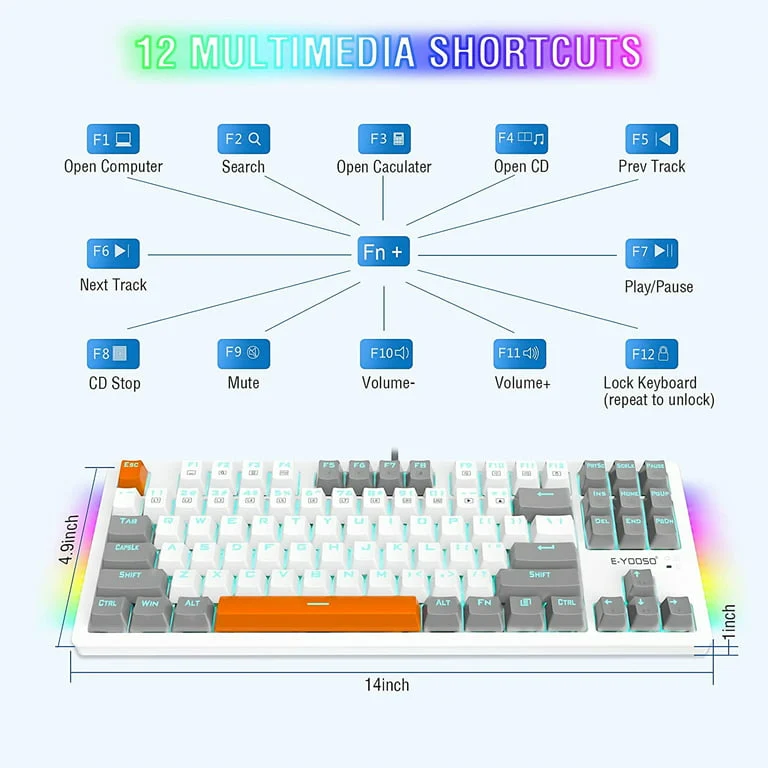 E-YOOSO K-620 Single Light With RGB Side Light 87 Keys Mechanical Keyboard White/Gray (Red Switch)