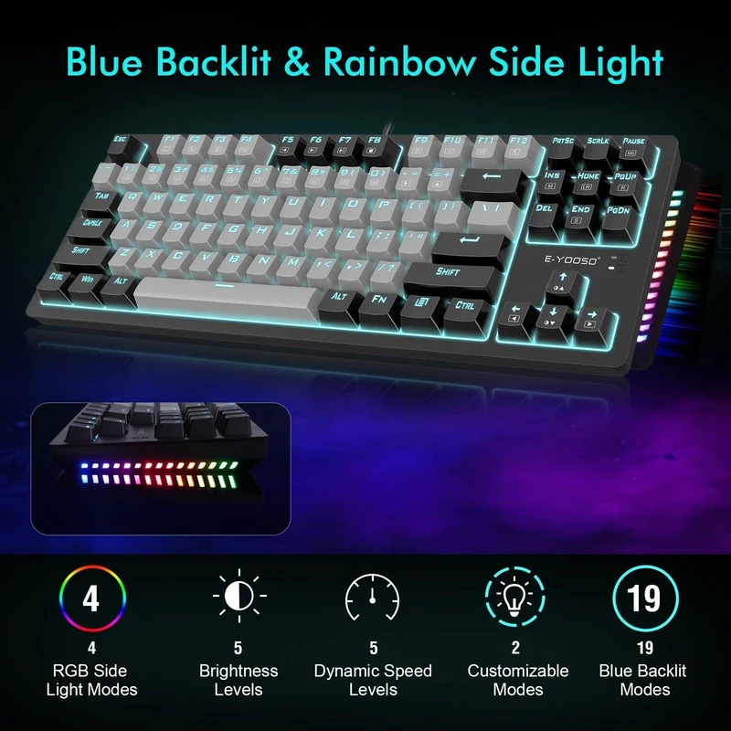 E-YOOSO K-620 Single Light With RGB Side Light 87 Keys Mechanical Keyboard Gray/Black (Red Switch)