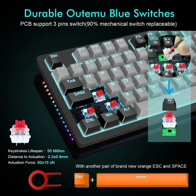 E-YOOSO K-620 Single Light With RGB Side Light 87 Keys Mechanical Keyboard Gray/Black (Red Switch)