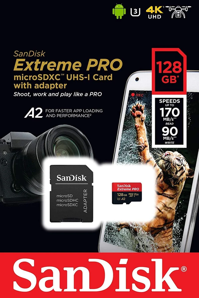 Sandisk Extreme Pro 128GB 170MB/S MicroSDXC UHS-1 Card With Adapter (SDSQXCY-128G-GN6MA)