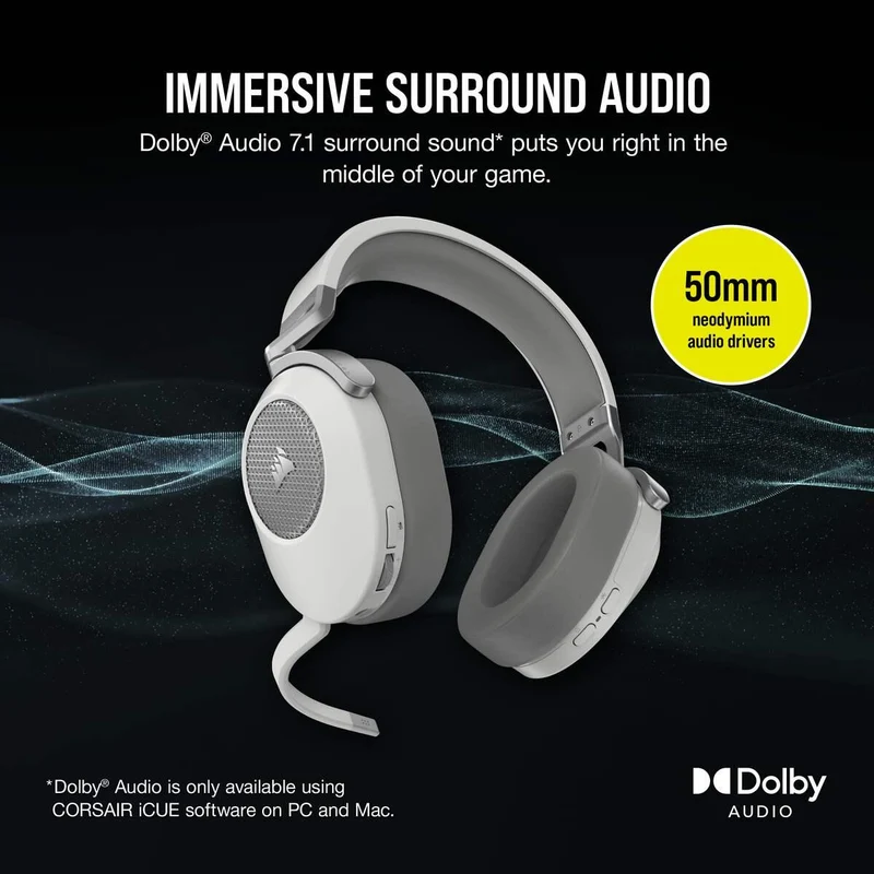 Corsair HS65 Wireless 2.4GHZ/BT 5.2/Dolby Audio 7.1 Lightweight Gaming Headset For PC/ Mac/ PS4/ PS5 (White)