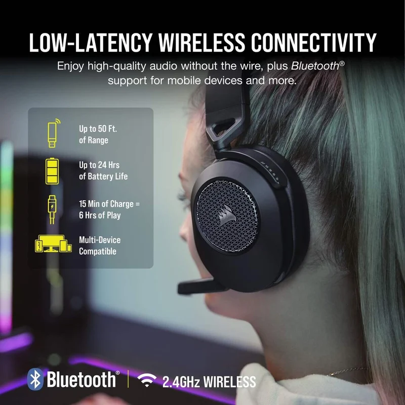 Corsair HS65 Wireless 2.4GHZ/BT 5.2/Dolby Audio 7.1 Lightweight Gaming Headset For PC/ Mac/ PS4/ PS5 (Carbon)