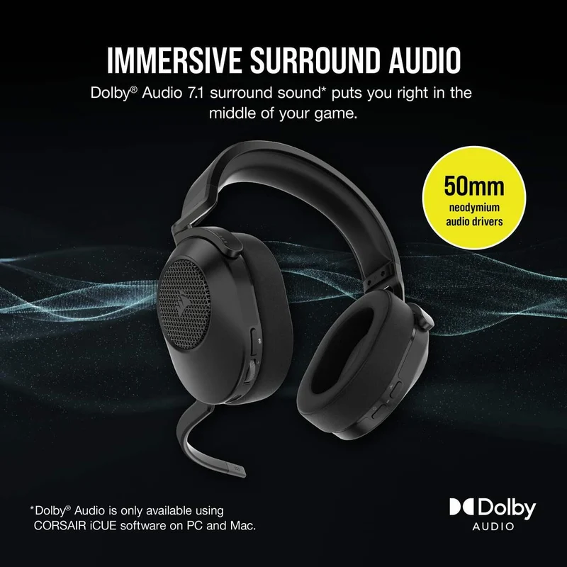 Corsair HS65 Wireless 2.4GHZ/BT 5.2/Dolby Audio 7.1 Lightweight Gaming Headset For PC/ Mac/ PS4/ PS5 (Carbon)