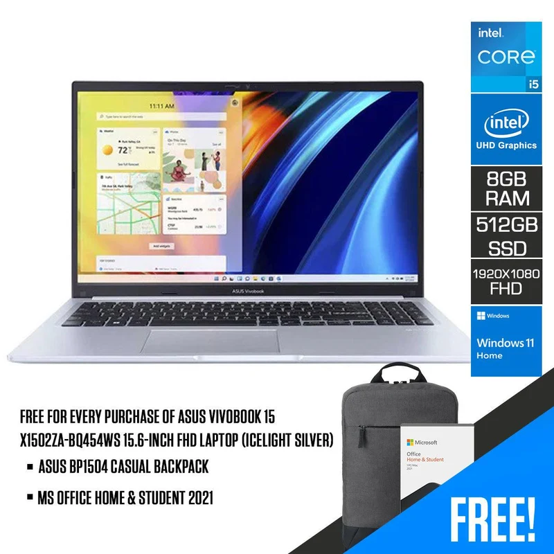 Asus Vivobook 15 X1502ZA-BQ454WS Laptop (Icelight Silver) | 15.6" FHD (1920 x 1080) | i5-1235U | 8GB RAM | 512GB SSD | Intel® UHD Graphics | Windows 11 Home | MS Office H&S 2021 | ASUS BP1504 Casual Backpack