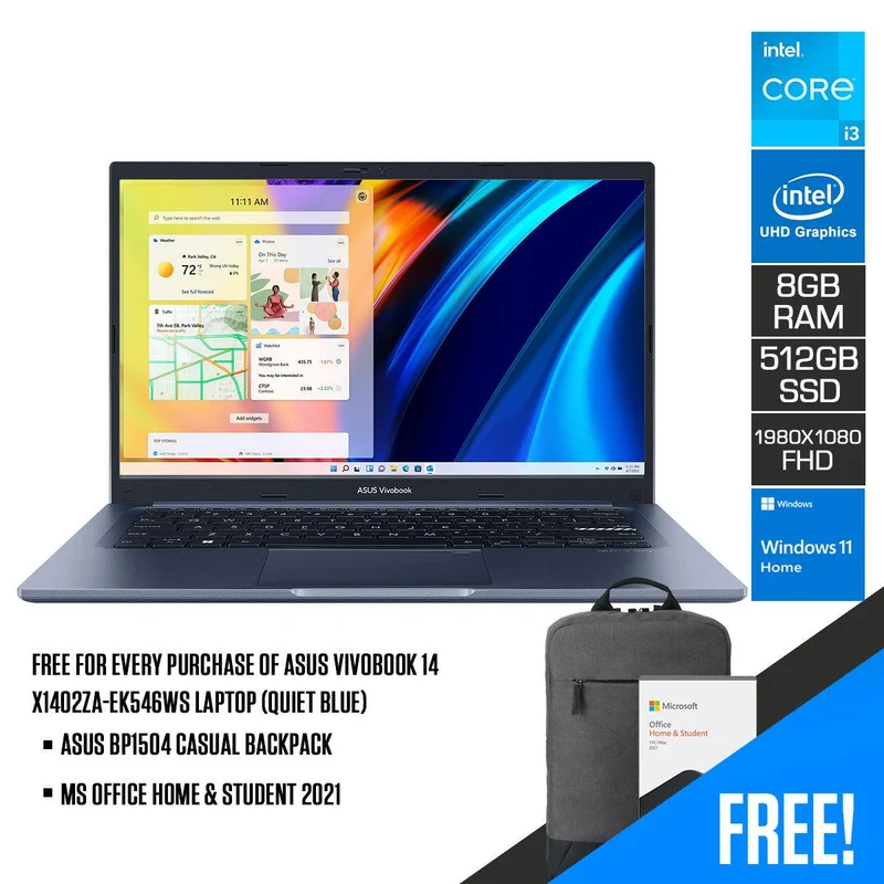 Asus Vivobook 14 X1402ZA-EK546WS Laptop (Quiet Blue) | 14” FHD (1920 x 1080) | i3-1220P | 8 GB RAM DDR4 | 512 GB SSD | Intel UHD Graphics | Windows 11 Home | MS Office Home & Student 2021 | ASUS BP1504 Casual Backpack