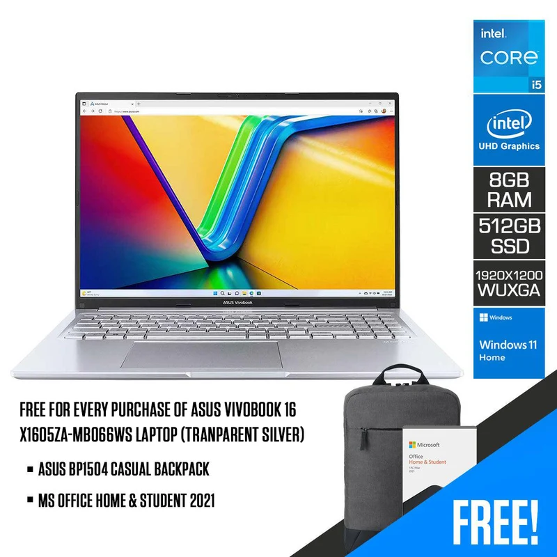 Asus Vivobook 16 X1605ZA-MB066WS Laptop (Tranparent Silver) | 16” WUXGA (1920 x 1200) | i5-1235U | 8 GB RAM | 512 GB SSD | Intel UHD Graphics | Windows 11 Home | MS Office Home & Student 2021 | ASUS BP1504 Casual Backpack