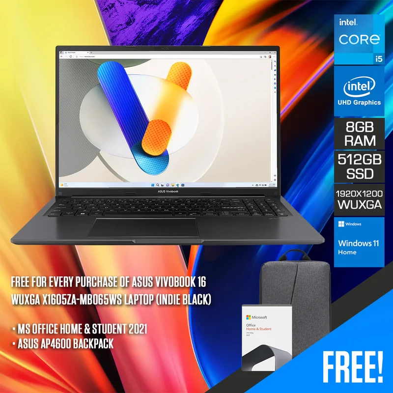 Asus Vivobook 16 X1605ZA-MB065WS Laptop (Indie Black) | 16” WUXGA (1920 x 1200) | i5-1235U | 8 GB RAM | 512 GB SSD | Intel UHD Graphics | Windows 11 Home | MS Office Home & Student 2021 | Asus AP4600 Backpack