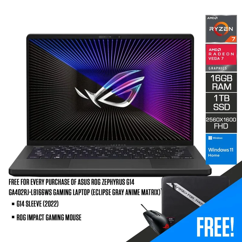 ASUS ROG Zephyrus G14 GA402RJ-L8166WS Gaming Laptop (Eclipse Gray Anime Matrix) | 14" QHD (2560 x 1600) | Ryzen 7 6800HS | 16 GB DDR5 | 1TB SSD | AMD Radeon RX 6700S | Windows 11 Home | G14 Sleeve (2022) | ROG Impact Gaming Mouse