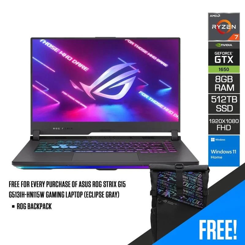 ASUS ROG Strix G15 G513IH-HN115W Gaming Laptop (Eclipse Gray) | 15.6" FHD (1920 x 1080) | Ryzen 7 4800H | 8GB RAM | 512 SSD | GTX 1650 | Windows 11 | ROG Backpack