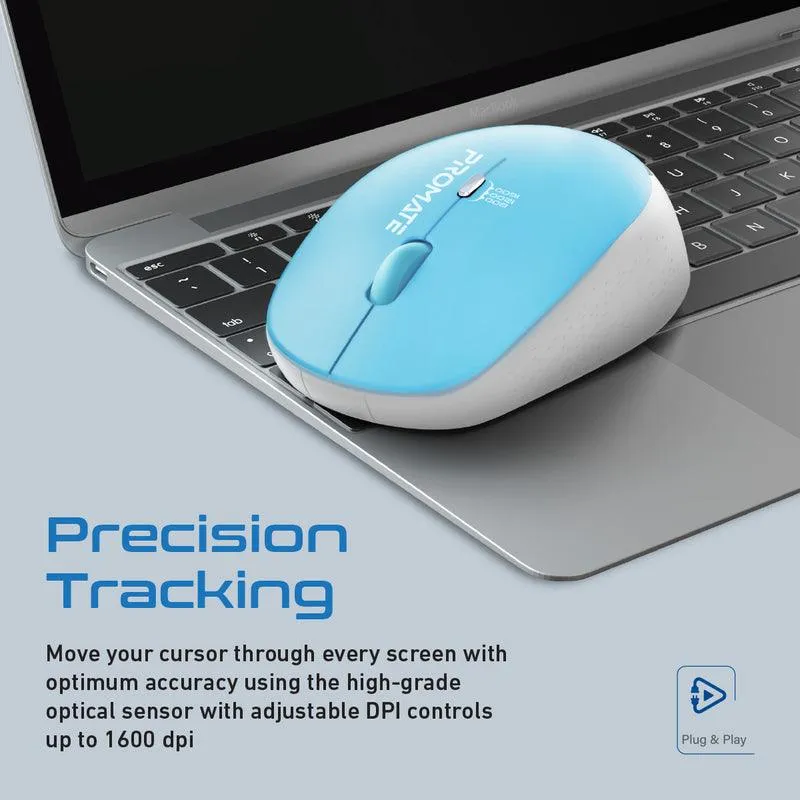 Promate Tracker 1600DPI MaxComfort Ergonomic Wireless Mouse (Blue)