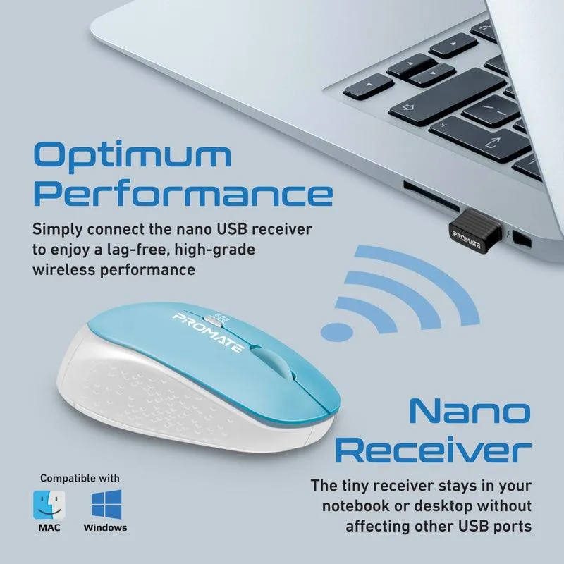 Promate Tracker 1600DPI MaxComfort Ergonomic Wireless Mouse (Blue)