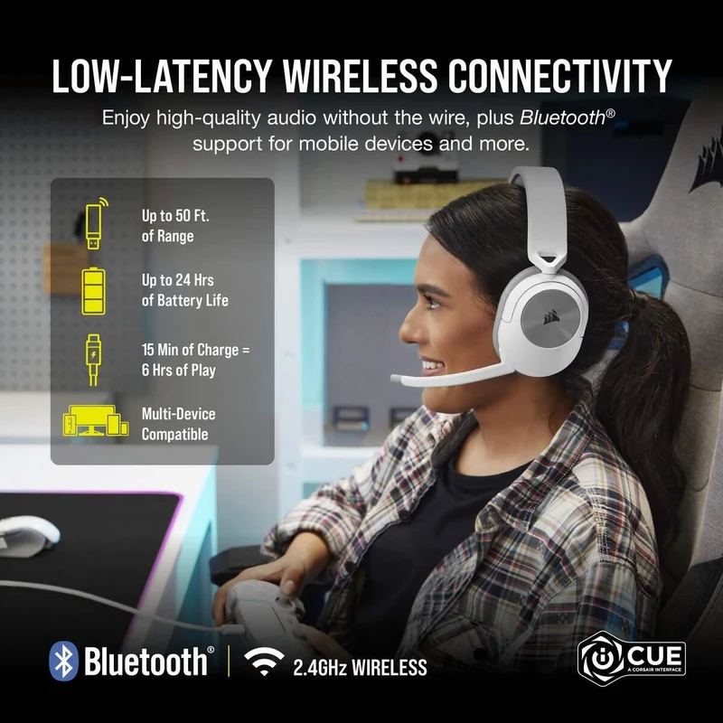 Corsair HS55 Wireless 2.4GHZ/BT 5.2/Dolby Audio 7.1 Lightweight Gaming Headset For PC/ Mac/ PS4/ PS5 (White)