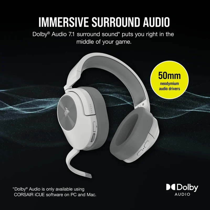 Corsair HS55 Wireless 2.4GHZ/BT 5.2/Dolby Audio 7.1 Lightweight Gaming Headset For PC/ Mac/ PS4/ PS5 (White)