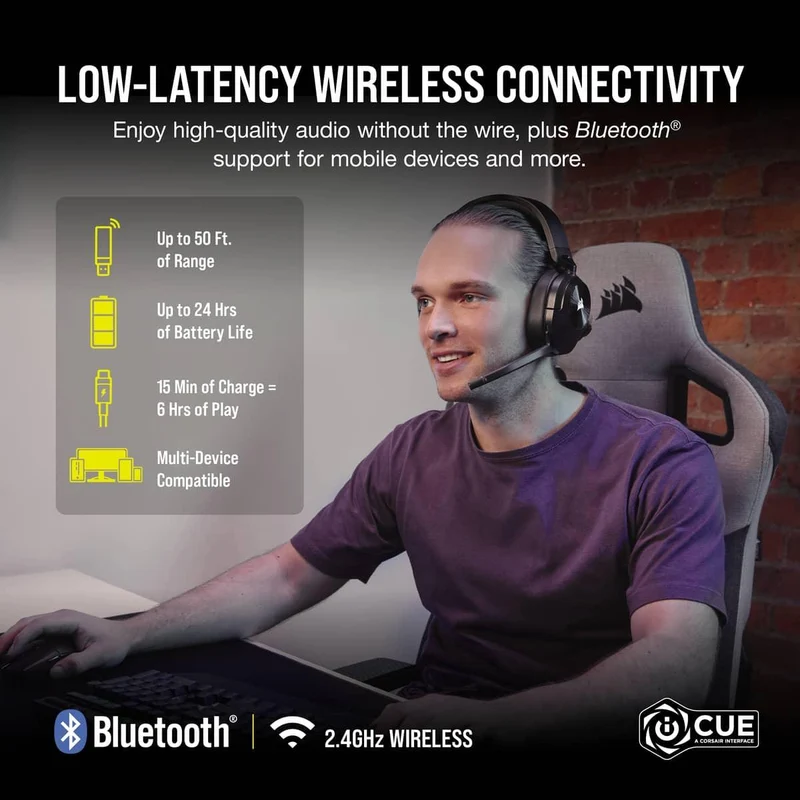 Corsair HS55 Wireless 2.4GHZ/BT 5.2/Dolby Audio 7.1 Lightweight Gaming Headset For PC/ Mac/ PS4/ PS5 (Carbon)
