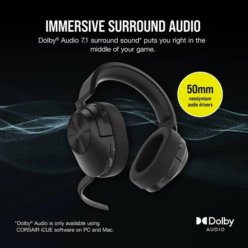 Corsair HS55 Wireless 2.4GHZ/BT 5.2/Dolby Audio 7.1 Lightweight Gaming Headset For PC/ Mac/ PS4/ PS5 (Carbon)