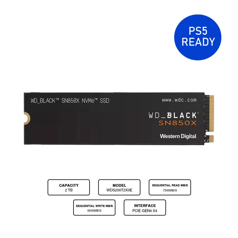 WD Black SN850X 2TB NVME M.2 2280 PCie Gen4 Internal Gaming SSD Compatible w/ PS5 (w/o Heatsink) (WDS200T2X0E)