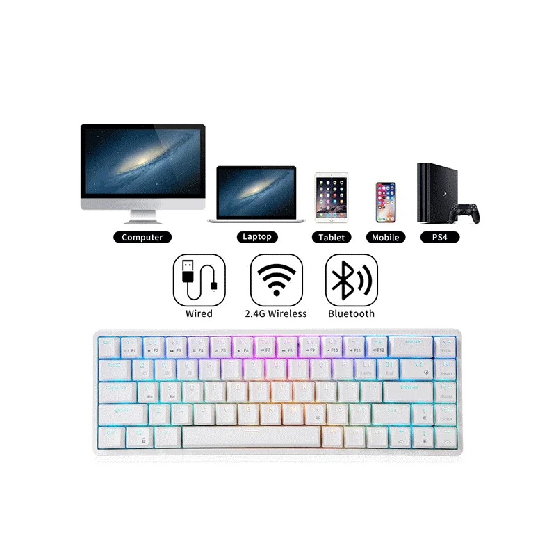Royal Kludge G68Pro Tri-Mode RGB 68 Keys Hot Swappable Mechanical Keyboard White (Gateron Red Switch)