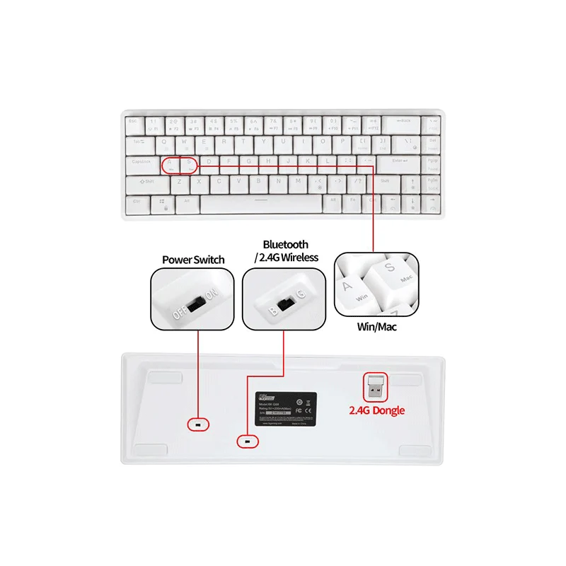 Royal Kludge G68Pro Tri-Mode RGB 68 Keys Hot Swappable Mechanical Keyboard White (Gateron Red Switch)