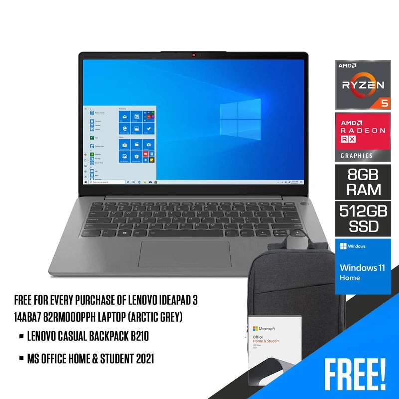 Lenovo Ideapad 3 14ABA7 82RM000PPH Laptop (Arctic Grey) | 14” FHD | Ryzen 5 5625U | 8GB RAM | 512 GB SSD | AMD Radeon Graphics | Windows 11 Home | MS Office Home & Student 2021 | Lenovo Casual Backpack B210