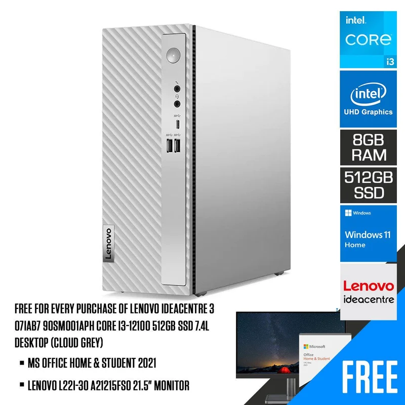Lenovo Ideacentre 3 07IAB7 90SM001APH Core I3-12100 512GB SSD 7.4L Desktop (Cloud Grey) + MS Office H&S 2021 + Lenovo L22I-30 A21215FS0 21.5" Monitor