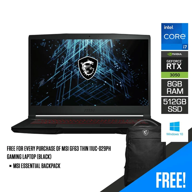 MSI GF63 Thin 11UC-029PH Gaming Laptop (Black) | 15.6" FHD | i7-11800H+HM570 | 8GB DDR4 | 512GB SSD | RTX3050 | Windows 10 Home | MSI Essential Backpack