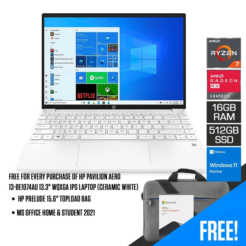 HP Pavilion Aero 13-BE1074AU Laptop (Ceramic White) | 13.3” WQXGA | Ryzen™ 7 5825U | 16 GB RAM DDR4 | 512 GB SSD | Radeon™ Graphics | Windows 11 Home | MS Office Home & Student 2021 + HP Prelude 15.6” Topload Bag