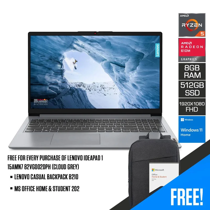Lenovo Ideapad 1 15AMN7 82VG002DPH (Cloud Grey) | 15.6" FHD (1920x1080) | Ryzen 5 7520U | 8GB RAM | 512GB SSD | Radeon 610M | Windows 11 Home | MS Office Home & Student 2021 | Lenovo Casual Backpack B210