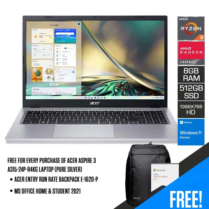 Acer Aspire 3 A315-24P-R4KG Laptop (Pure Silver) | 15.6" HD | Ryzen 3 7320U | 8GB DDR5 | 512GB SSD | Radeon Graphics | Windows 11 Home | MS Office Home & Student 2021 | Acer Entry Run Rate Backpack E-1620-P
