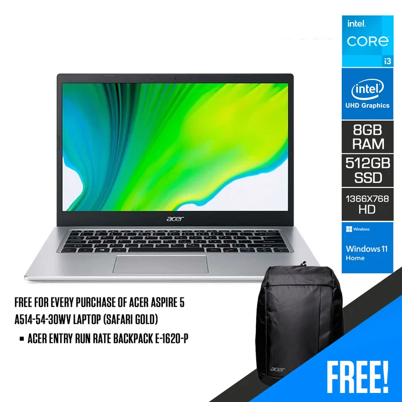 Acer Aspire 5 A514-54-30WV Laptop (Safari Gold) | 14" HD (1366x768) | Core i3 1115G4 | 8GB DDR4 | 512GB SSD | Intel UHD Graphics | Windows 11 Home | Acer Entry Run Rate Backpack E-1620-P