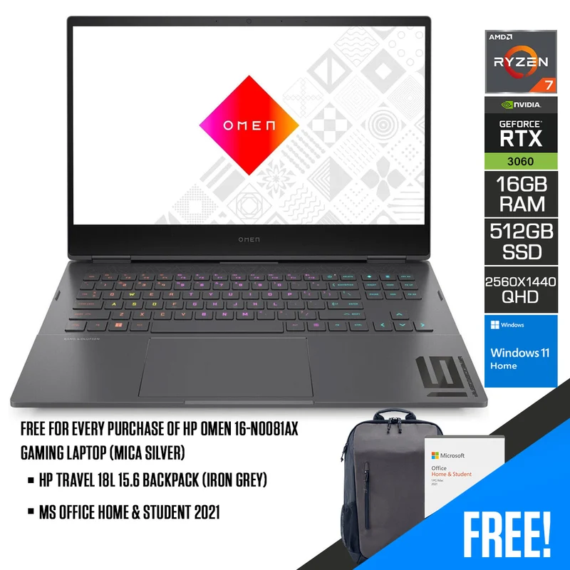 HP Omen 16-N0081AX Gaming Laptop (Mica Silver) | 16.1” QHD IPS (2560 x 1440) | Ryzen™ 7 6800H | 16GB RAM | 512GB SSD | RTX 3060 | Windows 11 Home | MS Office Home & Student 2021 | HP Travel 18L 15.6 Backpack (Iron Grey)