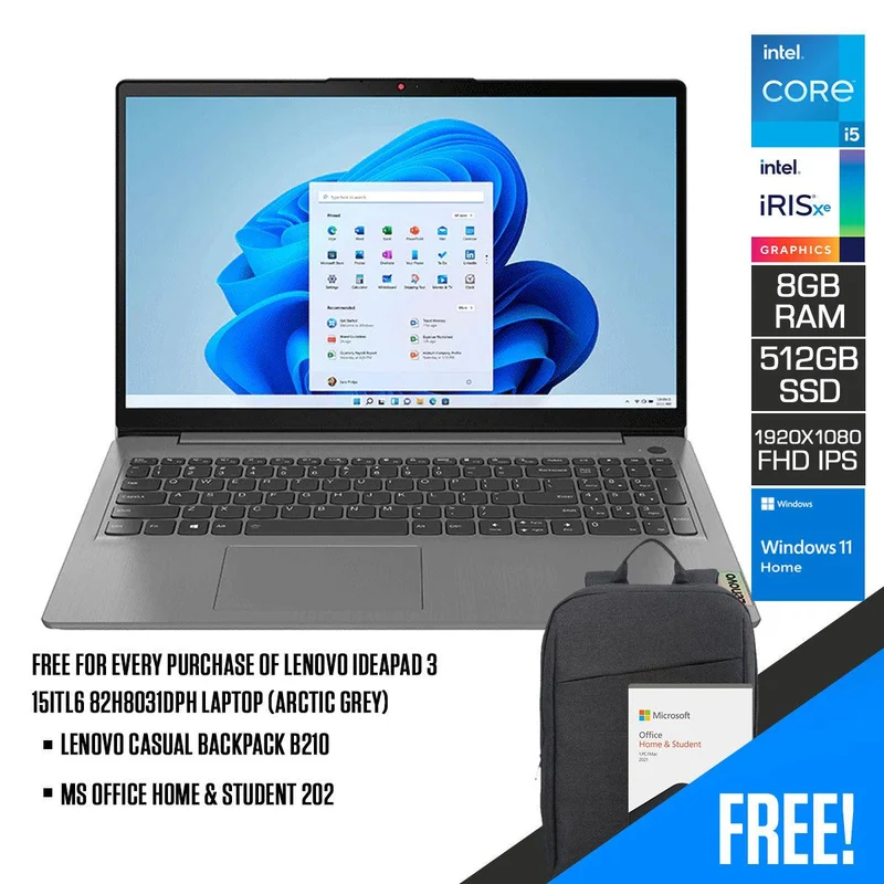 Lenovo Ideapad 3 15ITL6 82H8031DPH Laptop (Arctic Grey) | 15.6" FHD (1920 x 1080) | i5 1155G7 | 8GB RAM | 512 GB SSD | Intel Iris Xe | Windows 11 Home | MS Office Home & Student 2021 | Lenovo Casual Backpack B210