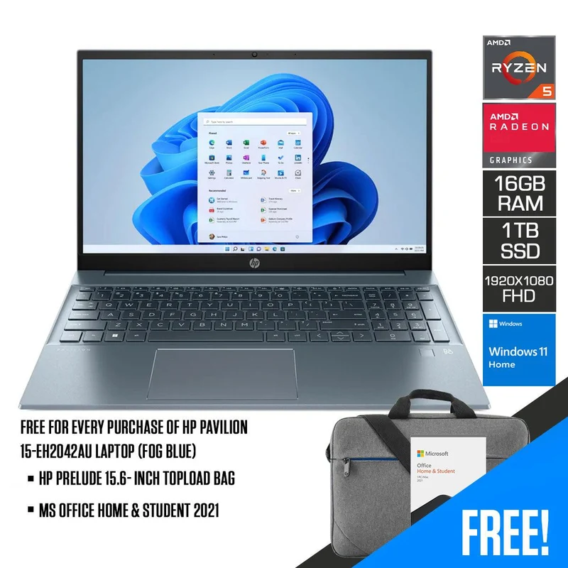 HP Pavilion 15-EH2042AU Laptop (Fog Blue) | 15.6” FHD | Ryzen 5 5625U | 16GB DDR4 | 1TB M.2 SSD | AMD Radeon Graphics | Windows 11 Home | MS Office Home & Student 2021 | HP Prelude 15.6- Inch Topload Bag