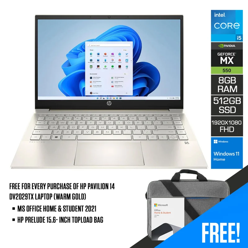 HP Pavilion 14-DV2029TX Laptop (Warm Gold) | 14” FHD (1920 x 1080) IPS | Intel Core i5-1235U | 8GB DDR4 | 512GB M.2 SSD | NVIDIA MX550 | Windows 11 Home | MS Office Home & Student 2021 | HP Prelude 15.6- Inch Topload Bag