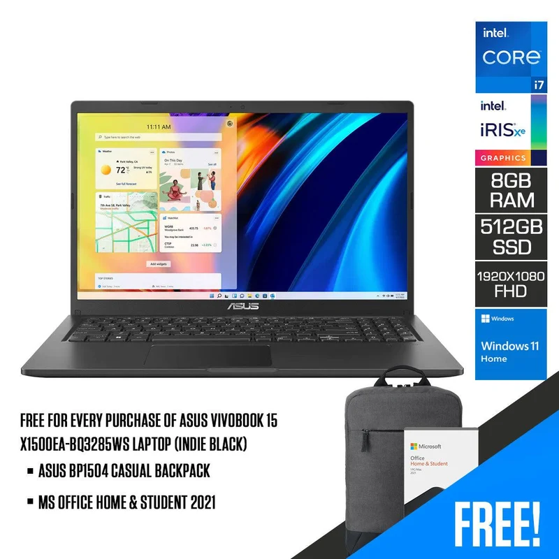 Asus Vivobook 15 X1500EA-BQ3285WS Laptop (Indie Black) | 15.6" FHD (1920 x 1080) | i7-1165G7 | 8GB RAM | 512GB SSD | Intel Iris XE Graphics | Windows 11 Home | MS Office Home & Student 2021 | Asus BP1504 Casual Backpack
