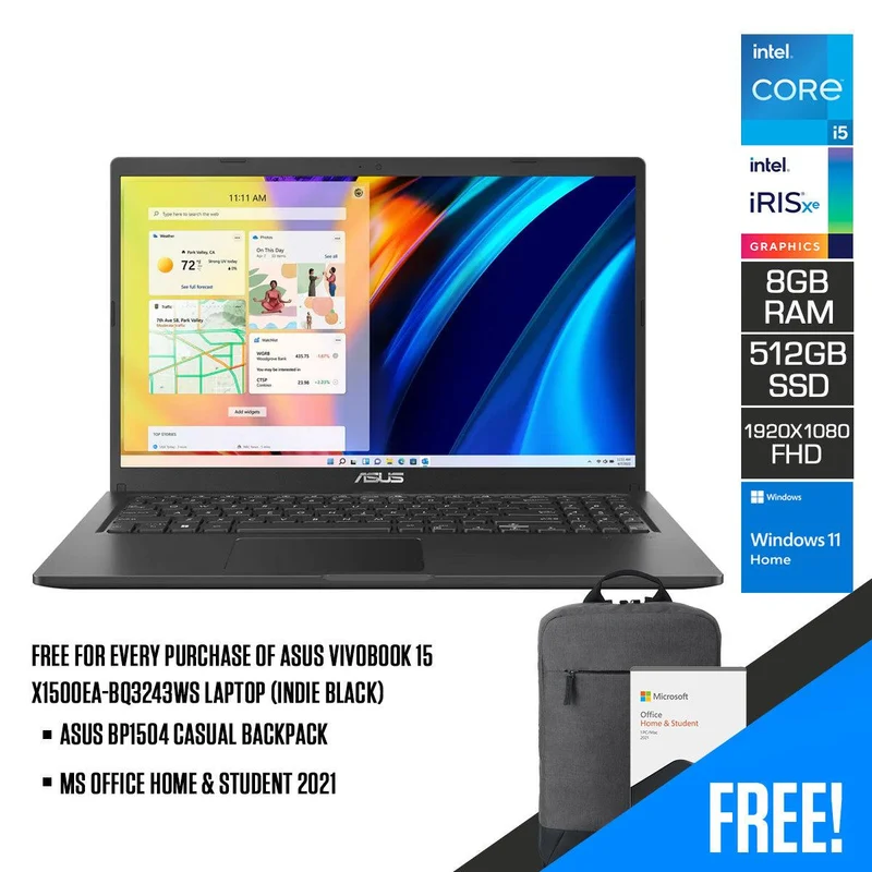 Asus Vivobook 15 X1500EA-BQ3243WS Laptop (Indie Black) | 15.6" FHD (1920 x 1080) | i5-1135G7 | 8GB DDR4 | 512GB SSD | Intel Iris Xe Graphics | Windows 11 Home | MS Office Home & Student 2021 | ASUS BP1504 Casual Backpack