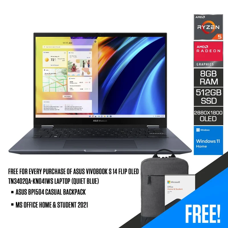 Asus Vivobook S 14 Flip OLED TN3402QA-KN041WS Laptop (Quiet Blue) | 14" (2880 x 1800) | Ryzen 5 5600H | 8GB DDR4 | 512 GB SSD | AMD Radeon Graphics | Windows 11 Home | MS Office Home & Student 2021 | Asus BP1504 Casual Backpack