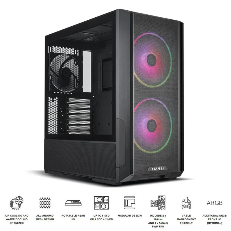 Lian Li Lancool 216RX RGB Airflow Focus Steel/Tempered Glass ATX Mid-Tower Case (Black)