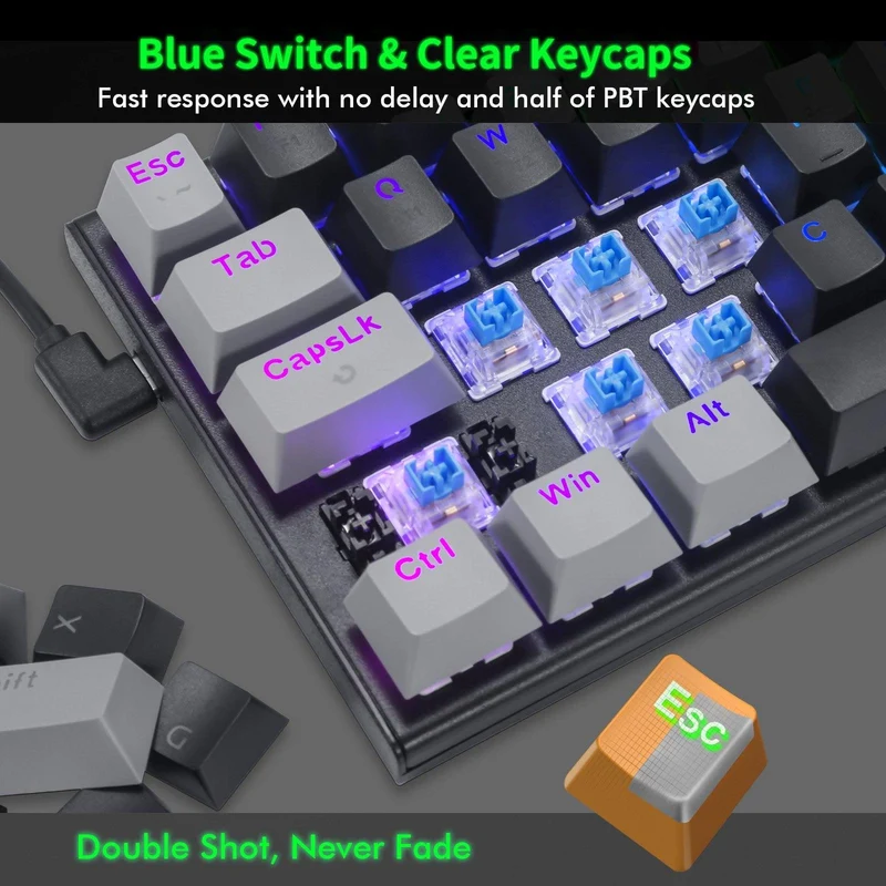 E-Yooso Z-11 Tri-Mode RGB 61 Keys Hot Swappable Mechanical Keyboard Black/Grey (Blue Switch)