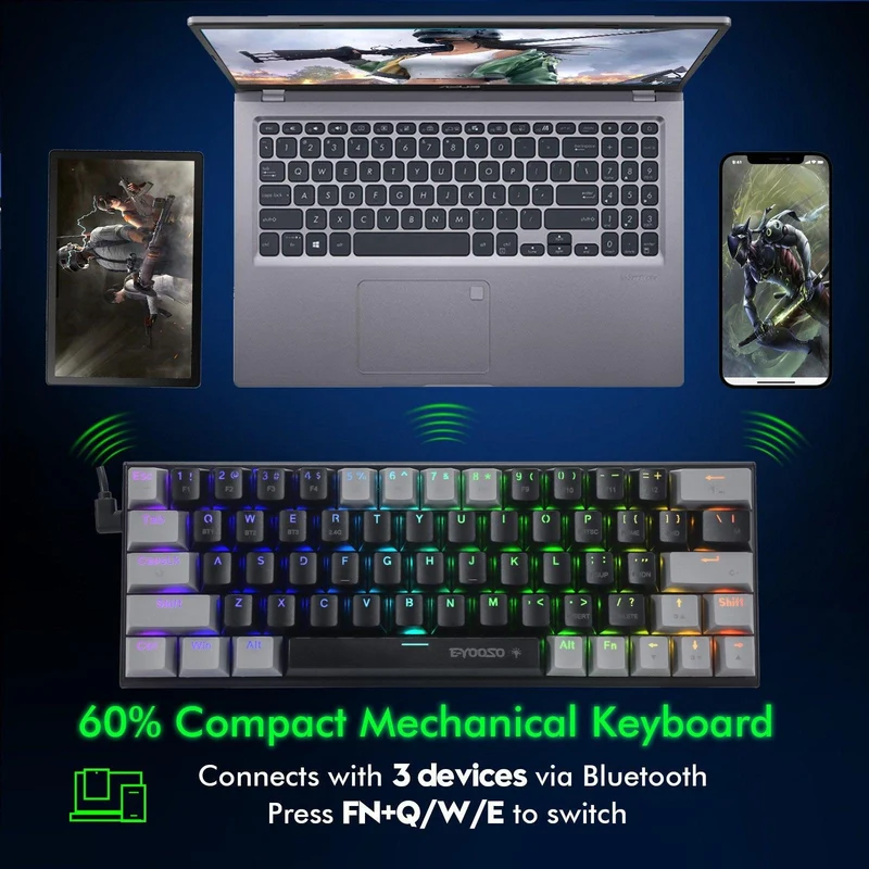 E-Yooso Z-11 Tri-Mode RGB 61 Keys Hot Swappable Mechanical Keyboard Black/Grey (Blue Switch)