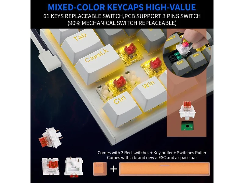 E-Yooso Z-11 Single Light RGB 61 Keys Hot Swappable Mechanical Keyboard Gray/White (Red Switch)