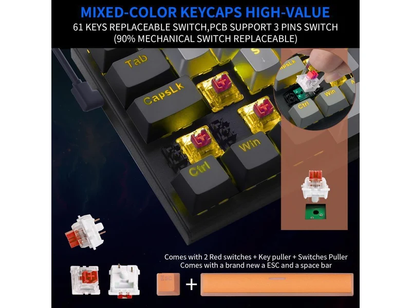 E-YOOSO Z-11 Single Light RGB 61 Keys Hot Swappable Mechanical Keyboard Gray/Black (Red Switch)
