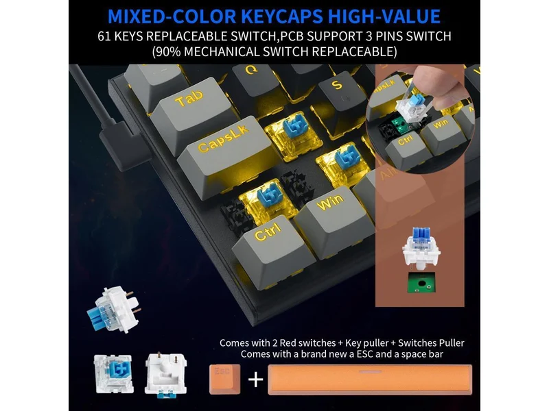 E-Yooso Z-11 Single Light RGB 61 Keys Hot Swappable Mechanical Keyboard Black/Gray (Blue Switch)