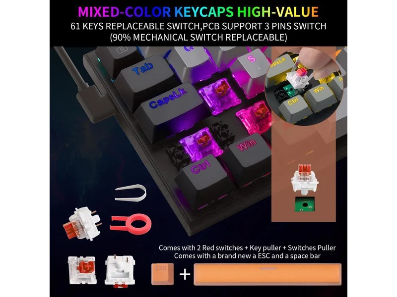 E-YOOSO Z-11 RGB 61 Keys Hot Swappable Mechanical Keyboard Gray/Black (Red Switch)